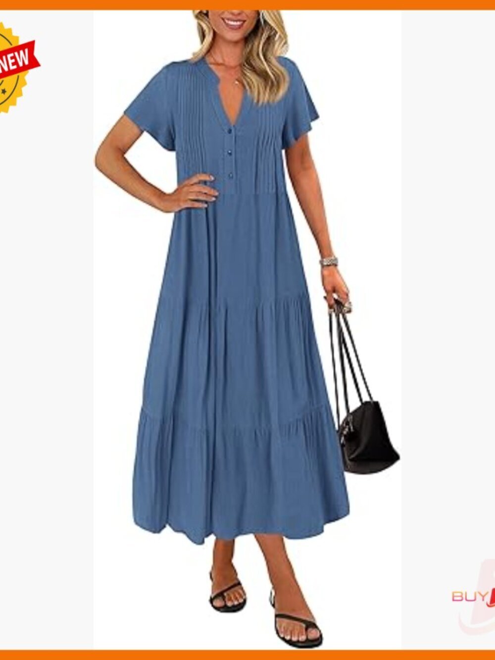 Short Sleeve V-Neck Maxi Dress, Pleated Tiered Swing, Loose Fit Maternity
